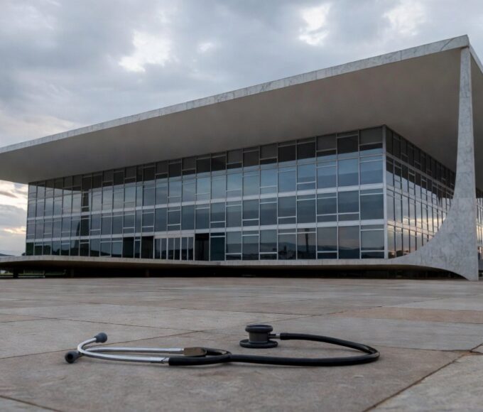 Hospital público em Brasília com ambulâncias e viaturas policiais, representando colapso na saúde e insegurança no DF.