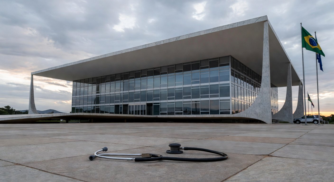 Hospital público em Brasília com ambulâncias e viaturas policiais, representando colapso na saúde e insegurança no DF.