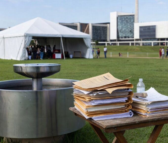 Evento em Brasília com bebedouros obrigatórios, destacando elevação de custos para organizadores.