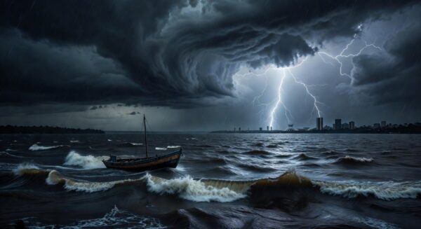 Embarcação no Lago Paranoá durante tempestade com raios, Brasília, representando incidente com raio.