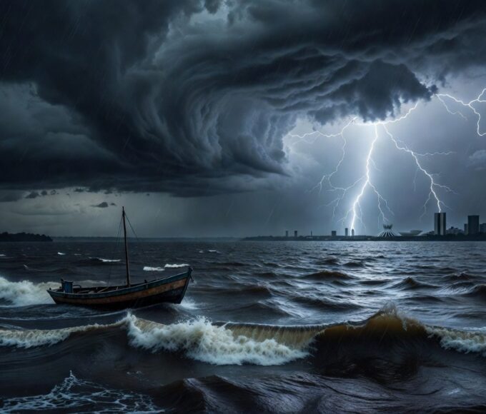 Embarcação no Lago Paranoá durante tempestade com raios, Brasília, representando incidente com raio.