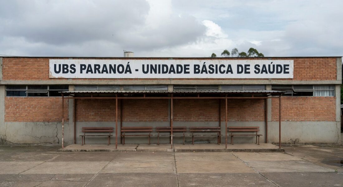 Fachada de unidade de saúde no Paranoá com bancos vazios, ilustrando espera prolongada em atendimento médico.