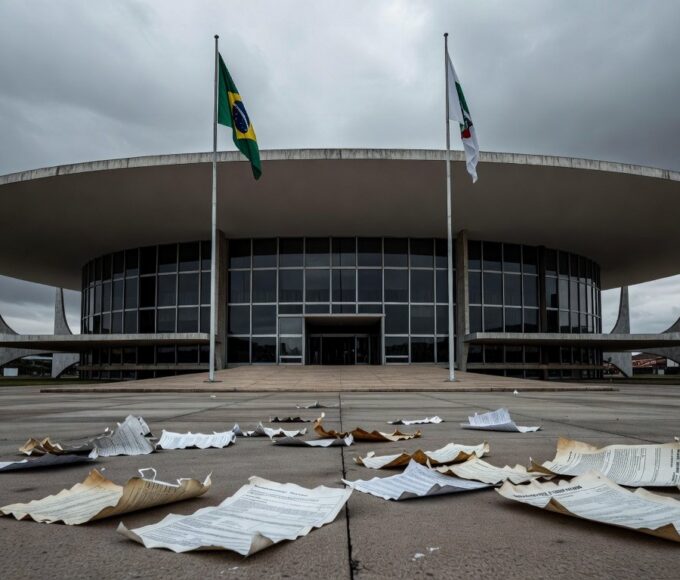 Edifício da CLDF em Brasília sob céu nublado, com placa simbólica de homenagem a corretores de seguros, ignorando crises econômicas.