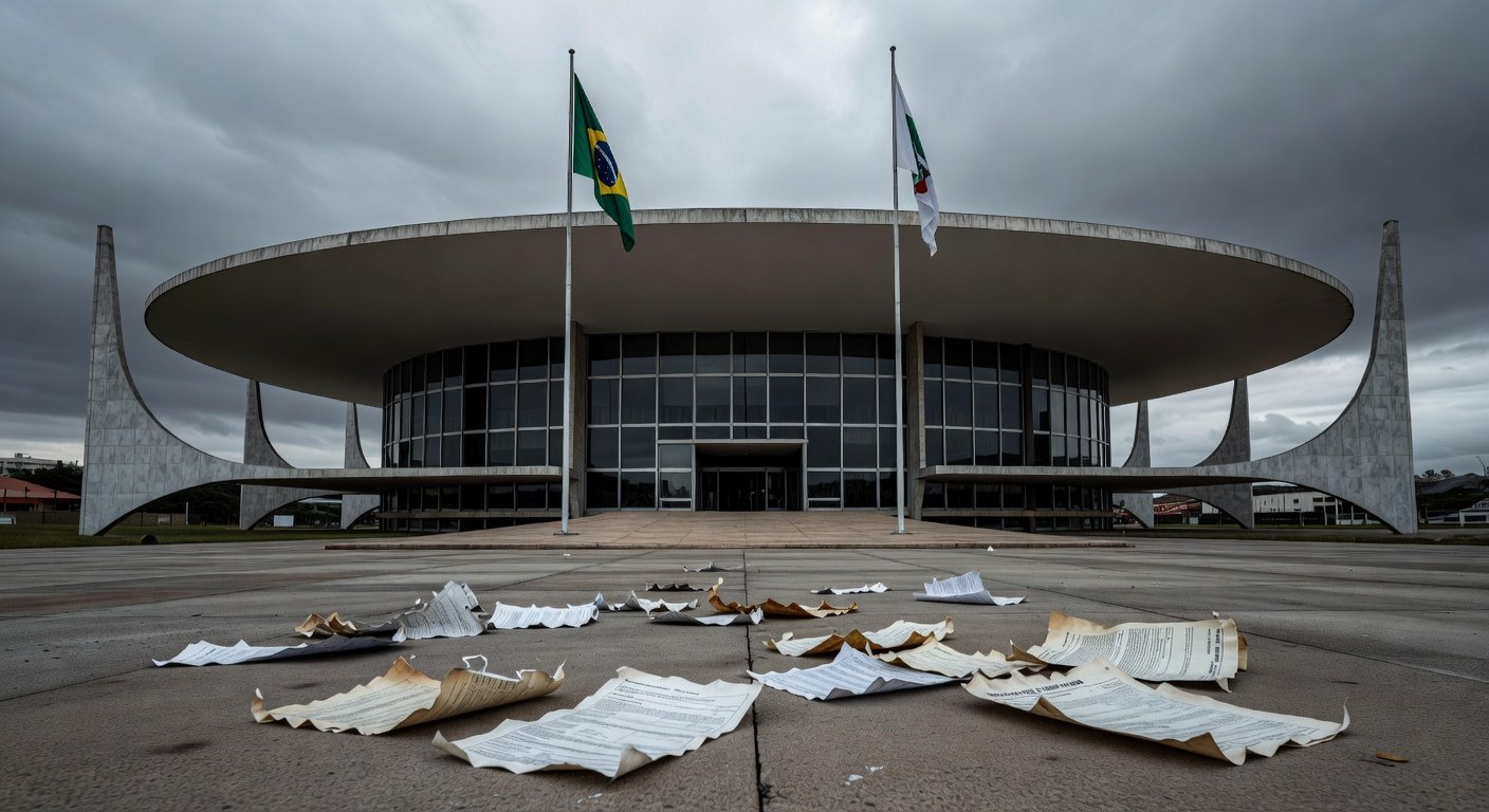 Edifício da CLDF em Brasília sob céu nublado, com placa simbólica de homenagem a corretores de seguros, ignorando crises econômicas.