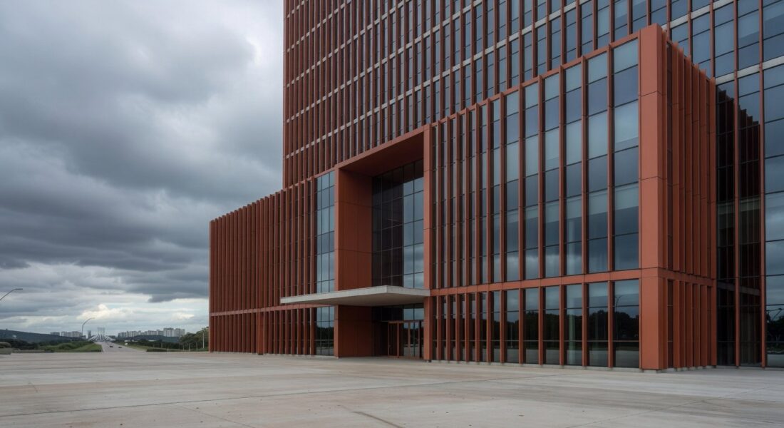 Hospital moderno em Brasília com ambulância na entrada, simbolizando internação por broncopneumonia bacteriana.