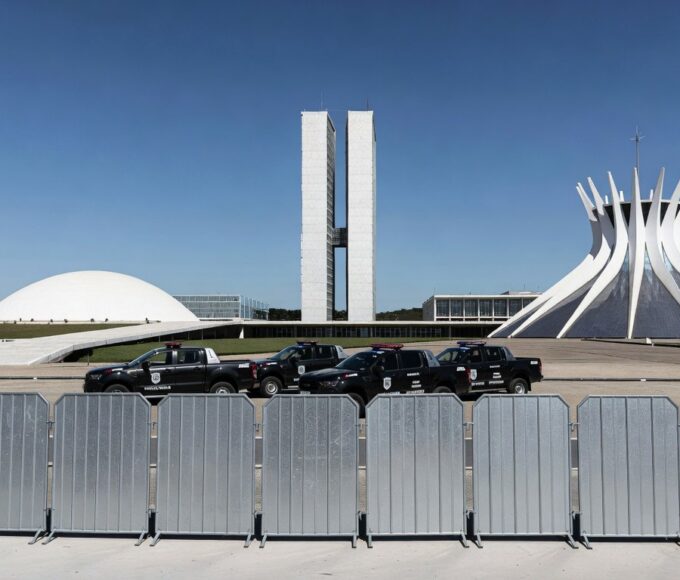 Vista da Esplanada dos Ministérios em Brasília com barreiras de segurança e viaturas policiais, representando ampliação da Área de Segurança Especial.