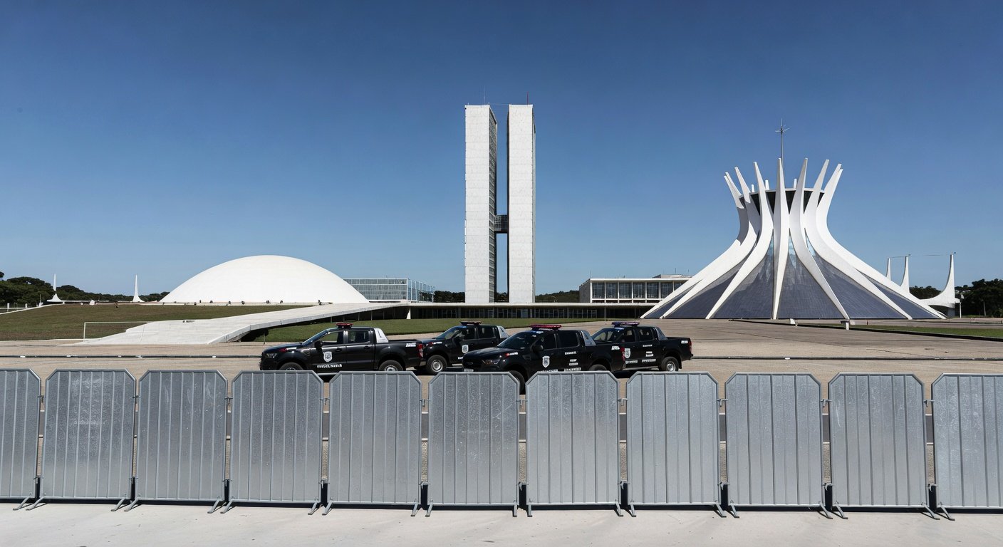 Vista da Esplanada dos Ministérios em Brasília com barreiras de segurança e viaturas policiais, representando ampliação da Área de Segurança Especial.