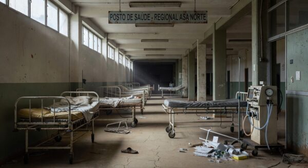 Auditório vazio na CLDF com banners do Dia Mundial das Doenças Raras, expondo negligência em evento.