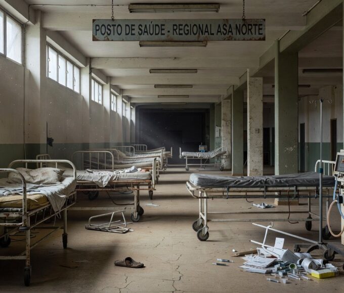 Auditório vazio na CLDF com banners do Dia Mundial das Doenças Raras, expondo negligência em evento.