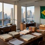 Escritório de advocacia em São Paulo com documentos legais e bandeira brasileira.