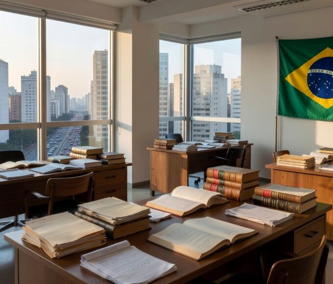 Escritório de advocacia em São Paulo com documentos legais e bandeira brasileira.