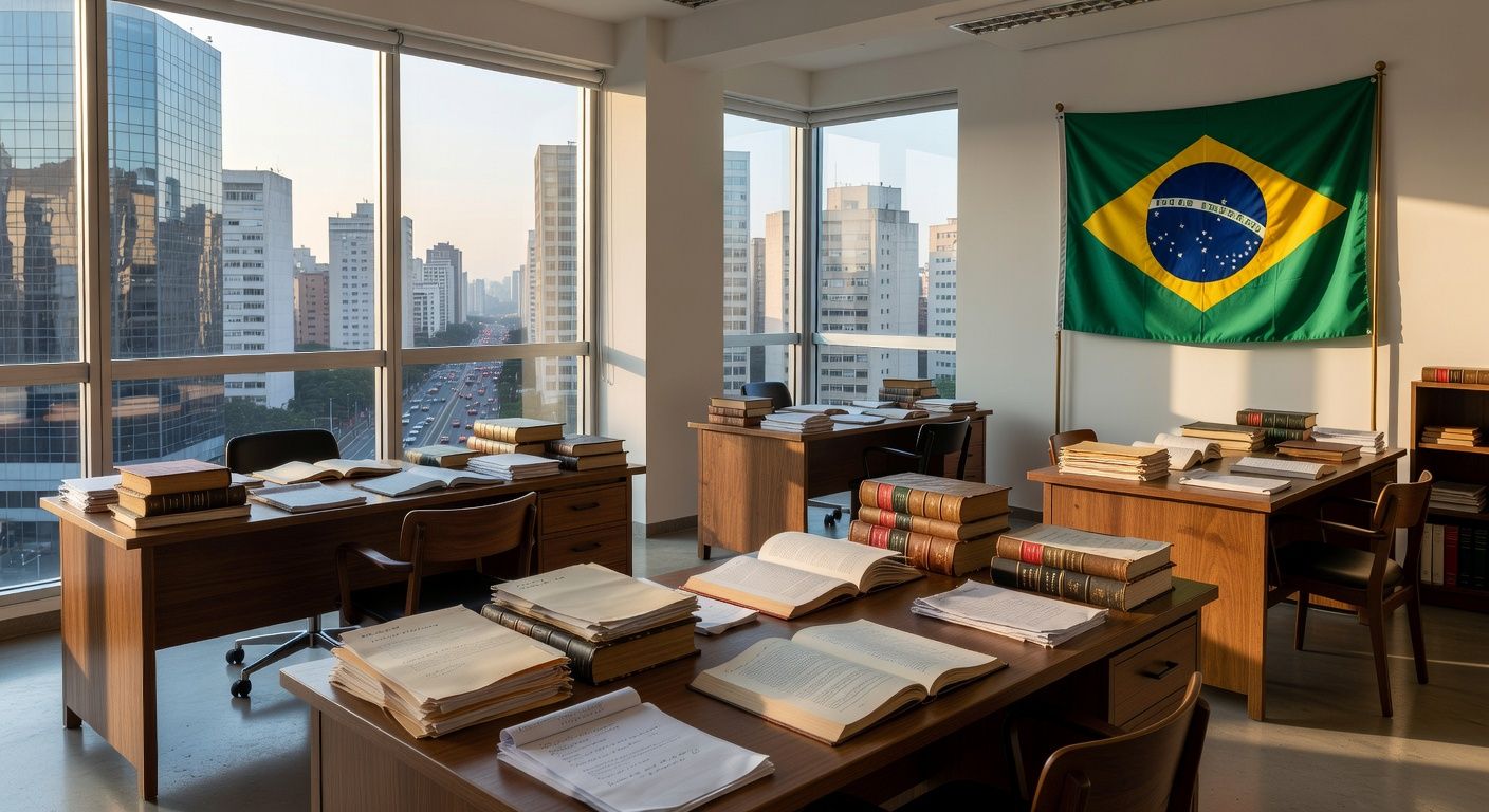 Escritório de advocacia em São Paulo com documentos legais e bandeira brasileira.