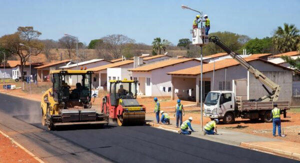 Obras de infraestrutura no Riacho Fundo II com máquinas pavimentando ruas e calçadas, investimento do GDF em melhorias urbanas.