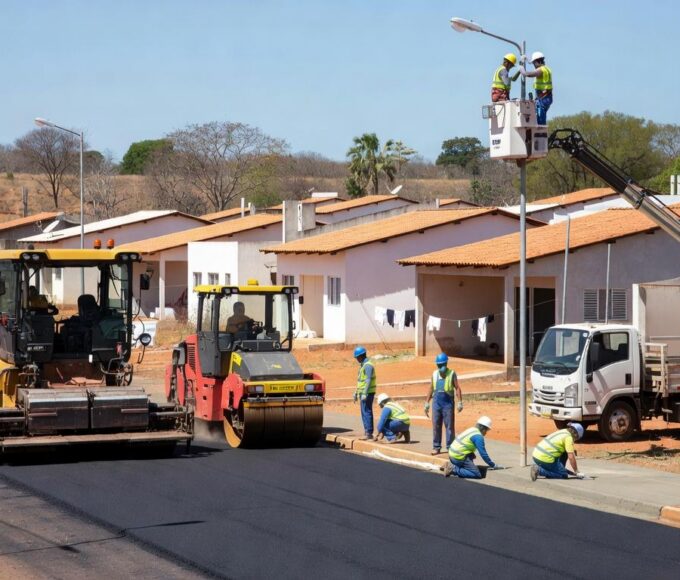 Obras de infraestrutura no Riacho Fundo II com máquinas pavimentando ruas e calçadas, investimento do GDF em melhorias urbanas.