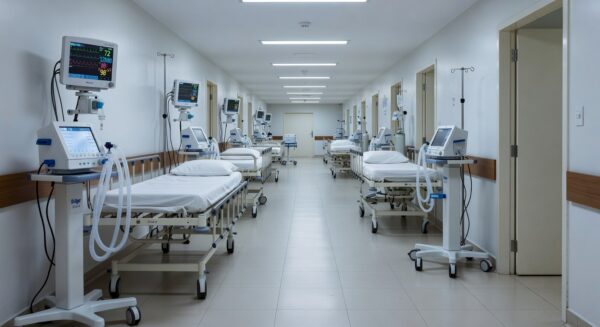 Unidade de terapia intensiva em hospital brasileiro com equipamentos médicos, ilustrando boletim sobre melhora renal e inflamação.