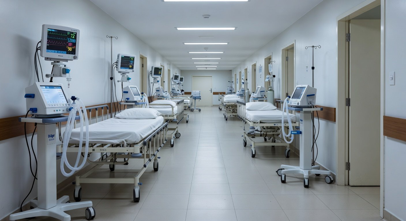 Unidade de terapia intensiva em hospital brasileiro com equipamentos médicos, ilustrando boletim sobre melhora renal e inflamação.