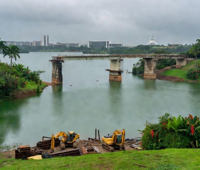 Vista da Barragem do Paranoá com ponte em construção suspensa por falhas no edital do TCDF.
