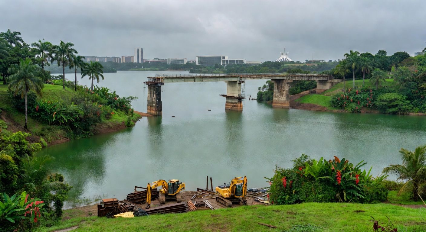 Vista da Barragem do Paranoá com ponte em construção suspensa por falhas no edital do TCDF.