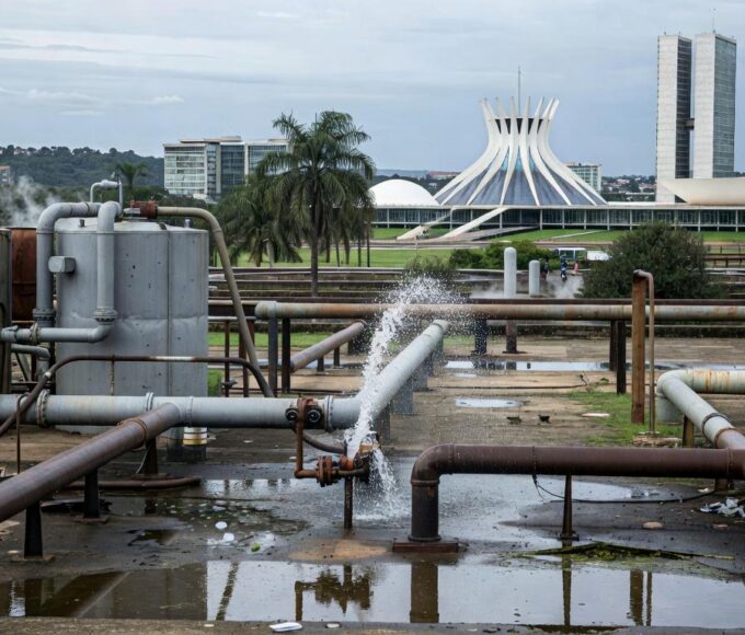 Edifício da Caesb em Brasília com relógio simbolizando prazo curto para seleção de estagiários e críticas por exclusão digital.