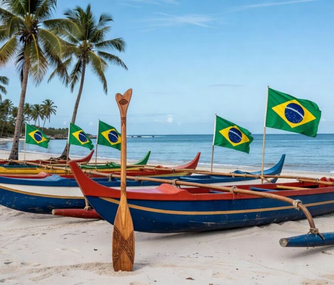 Canoas polinésias em praia brasileira com troféu, representando vitória da equipe Super Kongs no Campeonato Brasileiro de Canoa Polinésia.