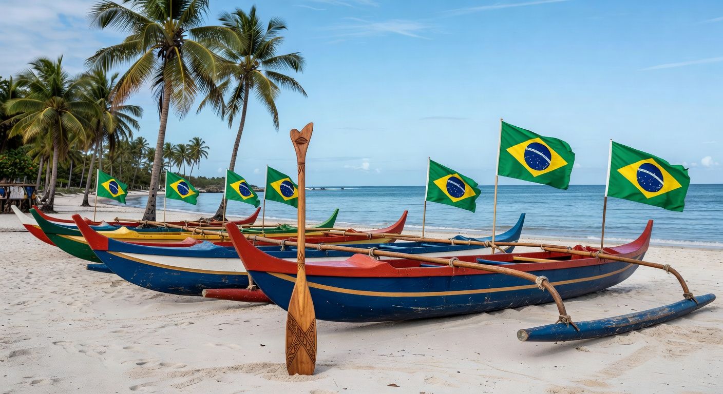 Canoas polinésias em praia brasileira com troféu, representando vitória da equipe Super Kongs no Campeonato Brasileiro de Canoa Polinésia.
