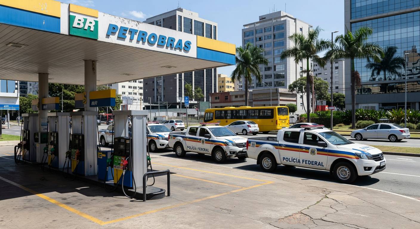 Posto de gasolina com viaturas da Polícia Federal investigando preços abusivos de combustíveis no Brasil.