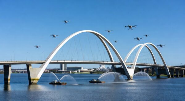 Drones limpando a Ponte JK com água do Lago Paranoá em Brasília.