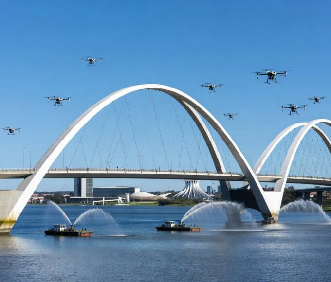 Drones limpando a Ponte JK com água do Lago Paranoá em Brasília.