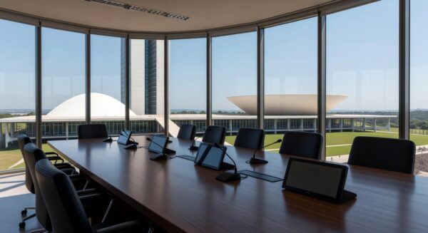 Sala de conferências em Brasília com vista para o Congresso, representando seminário sobre desafios do ECA Digital.