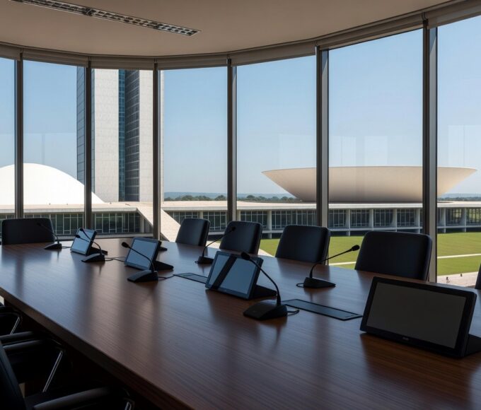 Sala de conferências em Brasília com vista para o Congresso, representando seminário sobre desafios do ECA Digital.