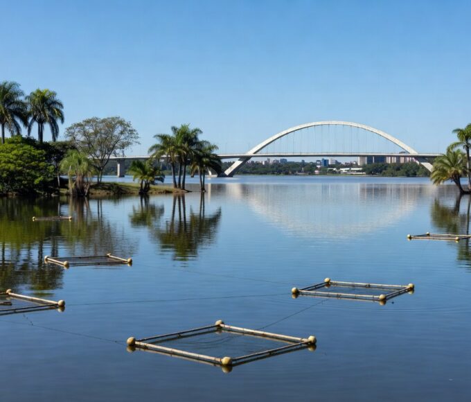 Vista do Lago Paranoá em Brasília com redes de pesca para controle de pirarucu invasor, autorizado pelo Ibama.
