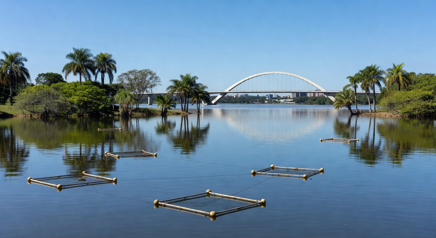 Vista do Lago Paranoá em Brasília com redes de pesca para controle de pirarucu invasor, autorizado pelo Ibama.