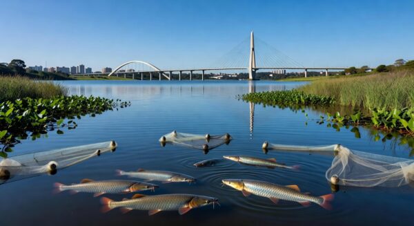Lago Paranoá com pirarucus e redes de pesca para controle populacional no DF.