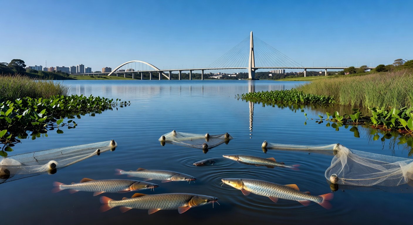 Lago Paranoá com pirarucus e redes de pesca para controle populacional no DF.