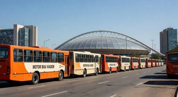 Ônibus de transporte gratuito do Governo do DF para a final do Candangão, perto do Estádio Nacional de Brasília.