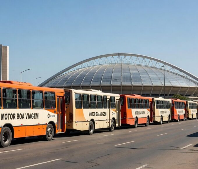 Ônibus de transporte gratuito do Governo do DF para a final do Candangão, perto do Estádio Nacional de Brasília.