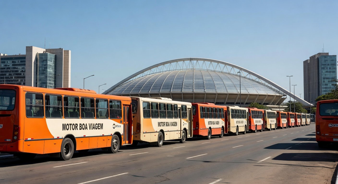 Ônibus de transporte gratuito do Governo do DF para a final do Candangão, perto do Estádio Nacional de Brasília.