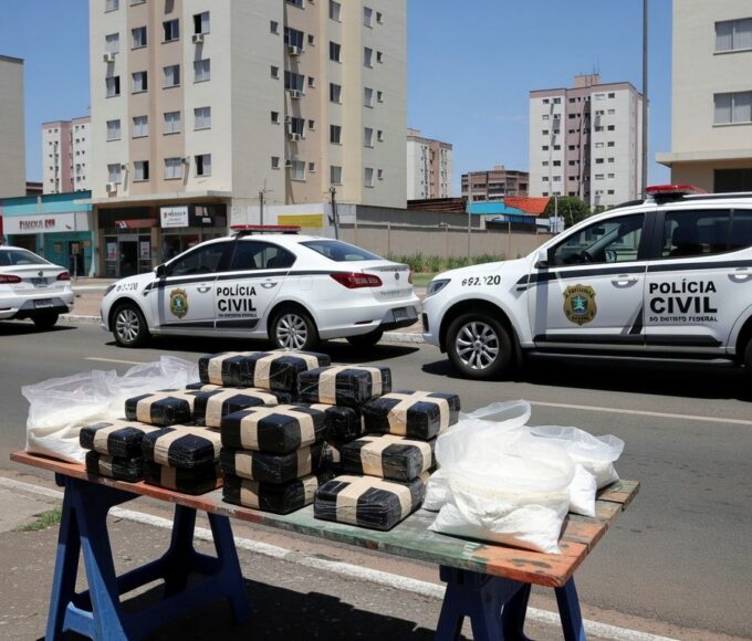 Viaturas da Polícia Civil do DF em operação contra fornecedor de drogas premium em Taguatinga.