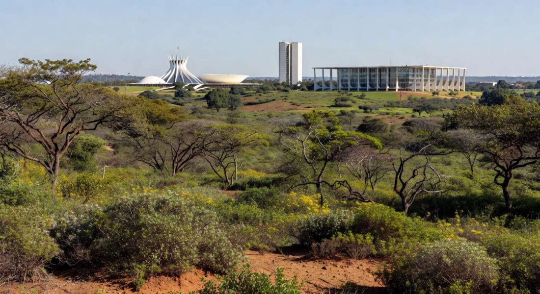 Área ambiental em Brasília com vegetação do Cerrado e edifícios ao fundo, representando ação contra uso na capitalização do BRB.