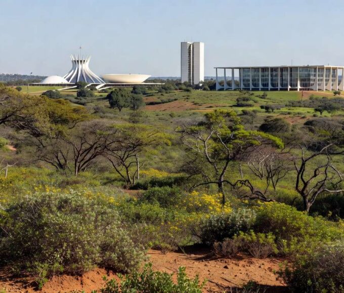 Área ambiental em Brasília com vegetação do Cerrado e edifícios ao fundo, representando ação contra uso na capitalização do BRB.