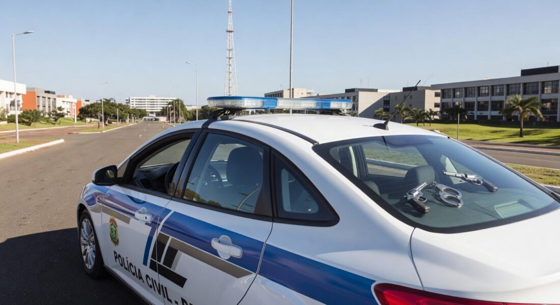 Viatura da Polícia Civil no Distrito Federal com armas apreendidas, representando prisão por violência doméstica e posse irregular de armas.