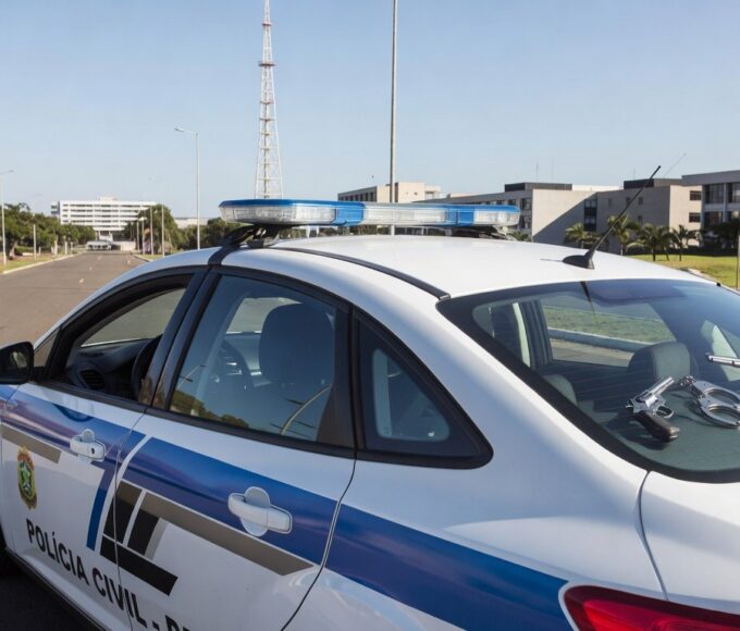 Viatura da Polícia Civil no Distrito Federal com armas apreendidas, representando prisão por violência doméstica e posse irregular de armas.