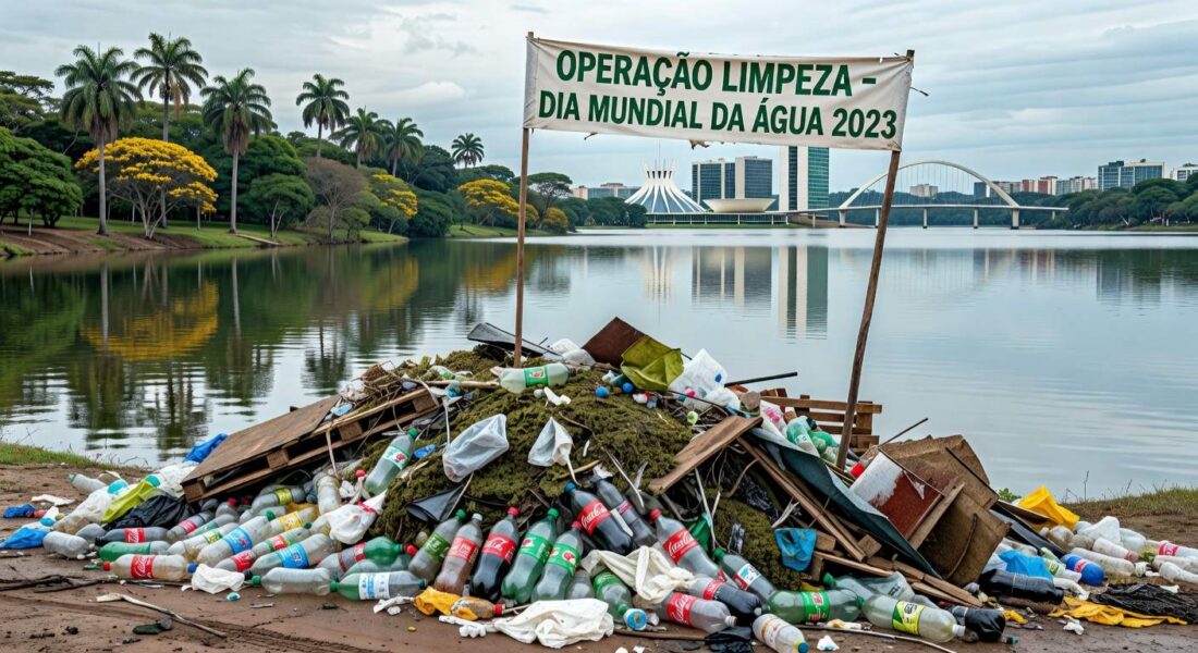 Pilha de lixo retirado do Lago Paranoá em mutirão no Dia Mundial da Água, em Brasília.