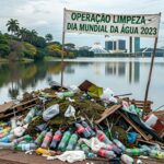 Pilha de lixo retirado do Lago Paranoá em mutirão no Dia Mundial da Água, em Brasília.