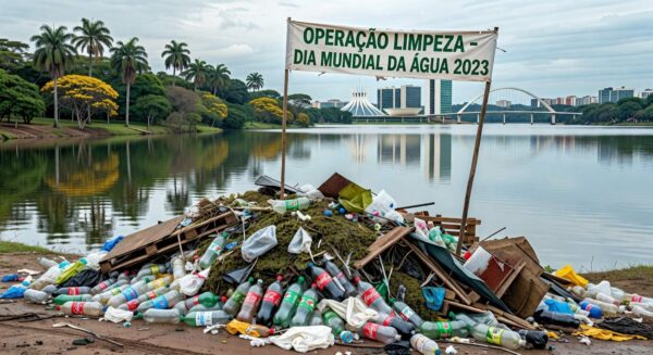 Pilha de lixo retirado do Lago Paranoá em mutirão no Dia Mundial da Água, em Brasília.