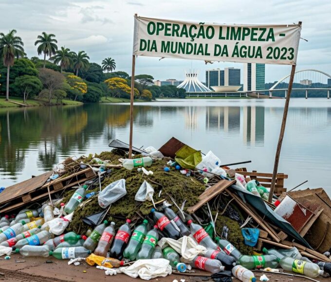 Pilha de lixo retirado do Lago Paranoá em mutirão no Dia Mundial da Água, em Brasília.