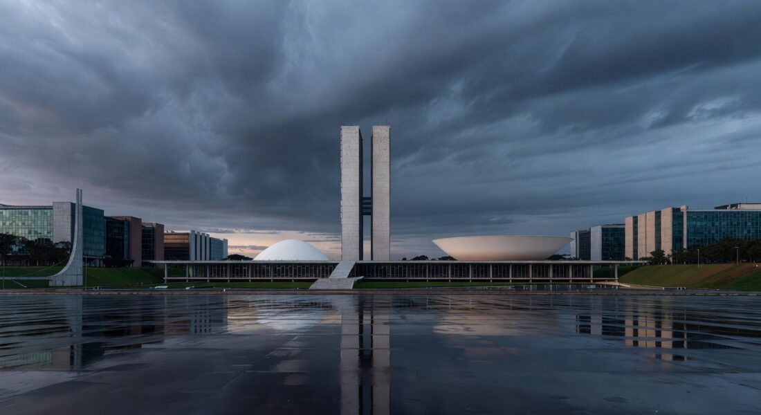Edifício da Caesb em Brasília com bandeira a meio mastro sob céu nublado, simbolizando luto pelo falecimento de Marcelo Reis.