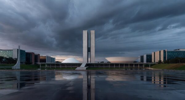 Edifício da Caesb em Brasília com bandeira a meio mastro sob céu nublado, simbolizando luto pelo falecimento de Marcelo Reis.