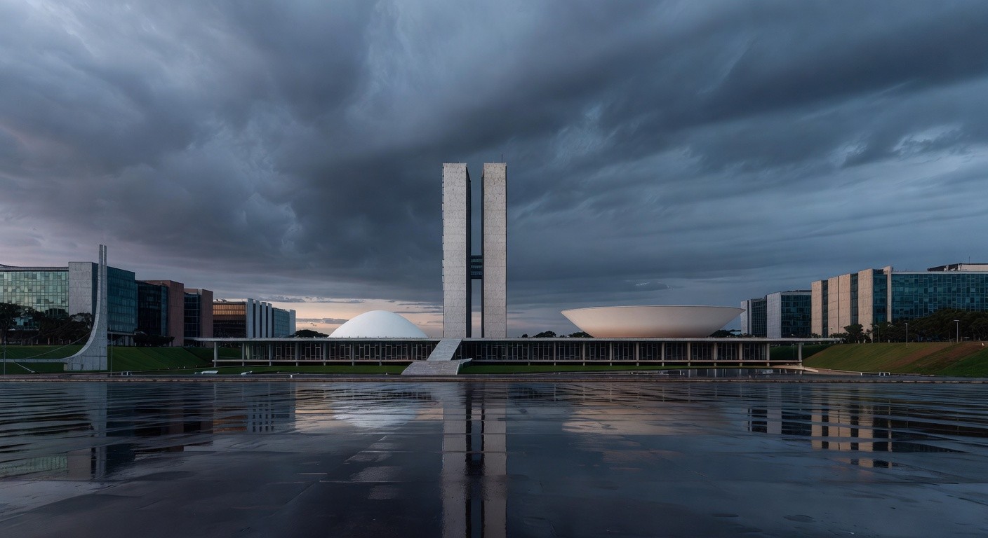 Edifício da Caesb em Brasília com bandeira a meio mastro sob céu nublado, simbolizando luto pelo falecimento de Marcelo Reis.