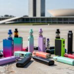 Praça em Brasília com cigarros eletrônicos no chão, ilustrando ranking de uso por jovens segundo IBGE.